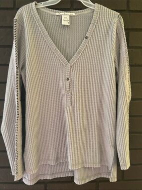 American Rag Womens Long Sleeve Waffle Knit Henley Top - Light Lavender